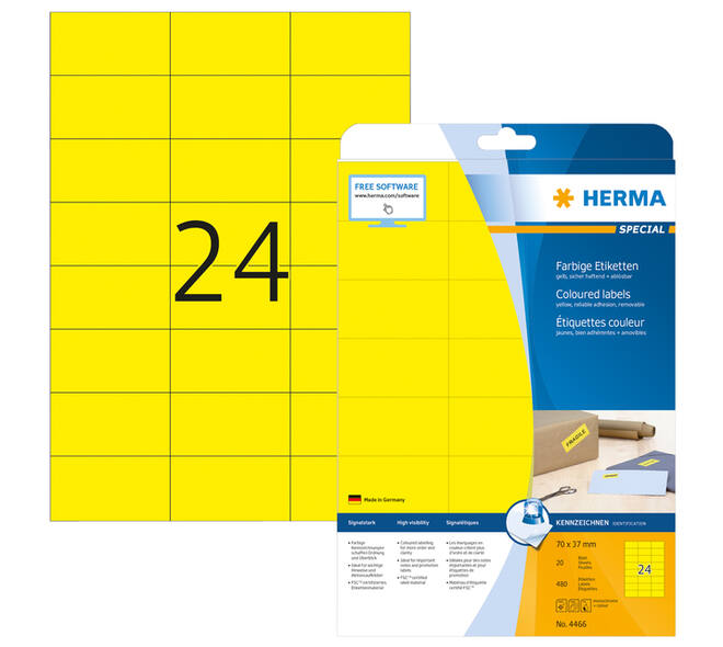 Etiket HERMA 4466 70x37mm verwijderbaar geel 480 stuks