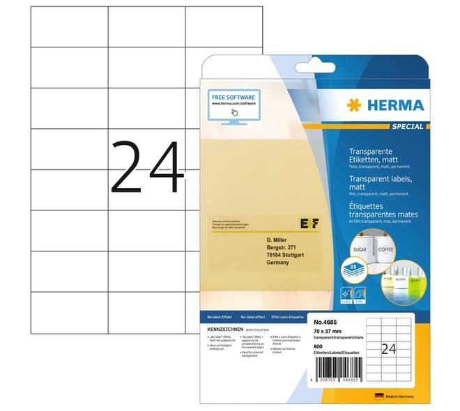 Etiket HERMA 4685 70x37mm transparant 600 stuks