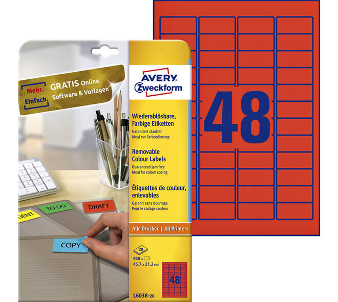 Etiket Avery L6038-20 45.7x21.2mm rood 960 stuks