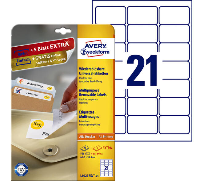 Etiket Avery L6023REV-25 63.5x38.1mm afneembaar wit 525 stuks