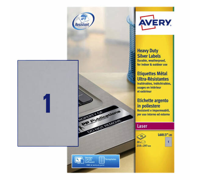 Etiket Avery L6013-20 210x297mm zilver 20 stuks