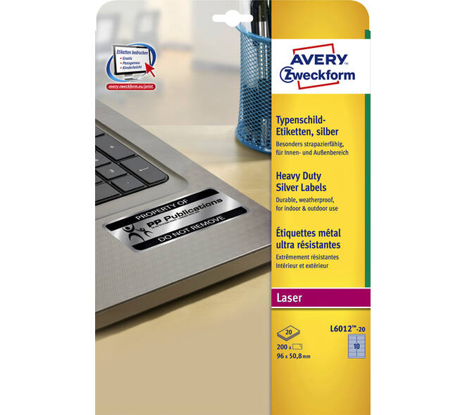 Etiket Avery L6012-20 96x50.8mm zilver 200 stuks