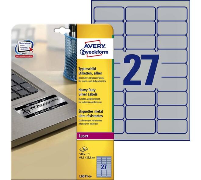 Etiket Avery L6011-20 63.5x29.6mm zilver 540 stuks