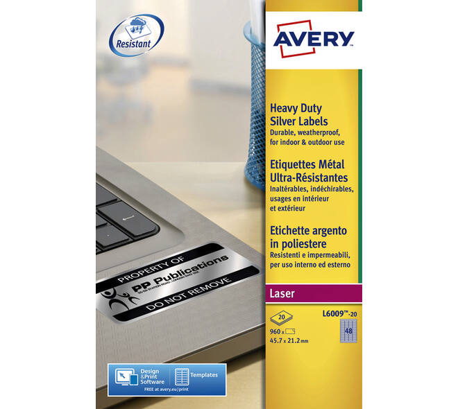 Etiket Avery L6009-20 45.7x21.2mm zilver 960 stuks