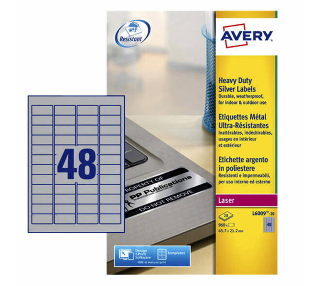 Etiket Avery L6009-20 45.7x21.2mm zilver 960 stuks