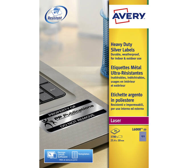 Etiket Avery L6008-20 25.4x10mm zilver 3780 stuks