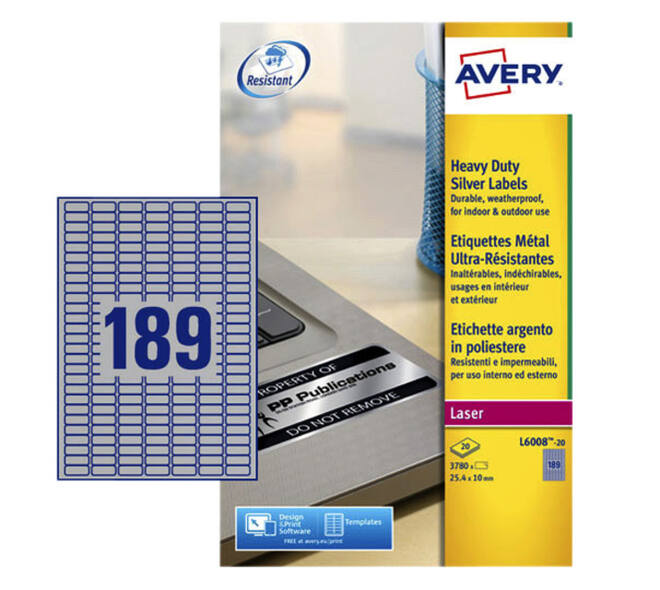 Etiket Avery L6008-20 25.4x10mm zilver 3780 stuks