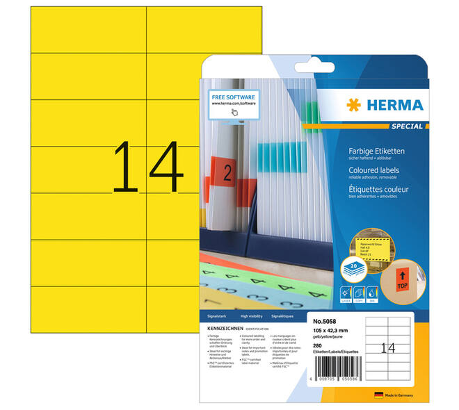 Etiket HERMA 5058 105x42.3mm verwijderbaar geel 280 stuks