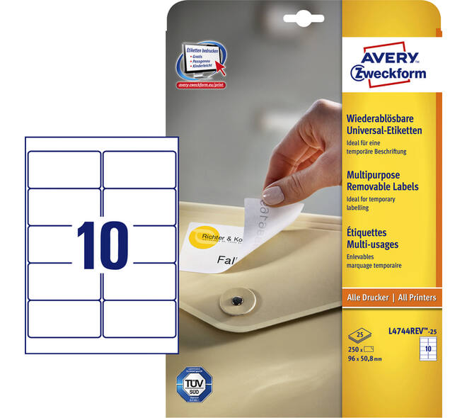 Etiket Avery L4744REV-25 96x50.8mm afneembaar wit 250 stuks