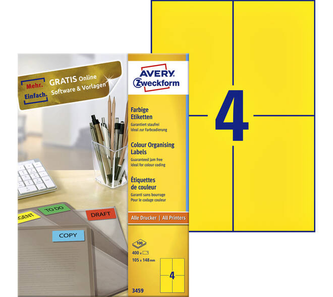 Etiket Avery 3459 105x148mm A6 geel 400 stuks