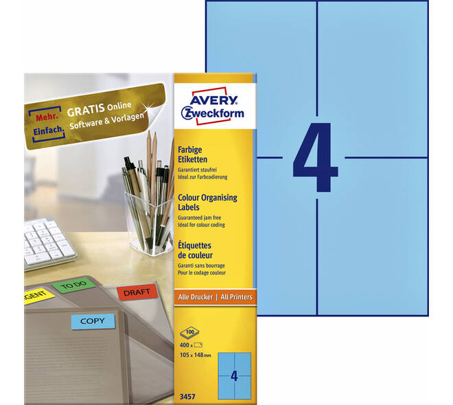 Etiket Avery 3457 105x148mm A6 blauw 400 stuks