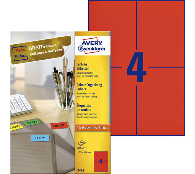 Etiket Avery 3456 105x148mm A6 rood 400 stuks