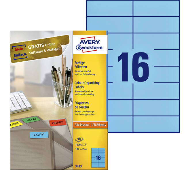 Etiket Avery 3453 105x37mm blauw 1600 stuks