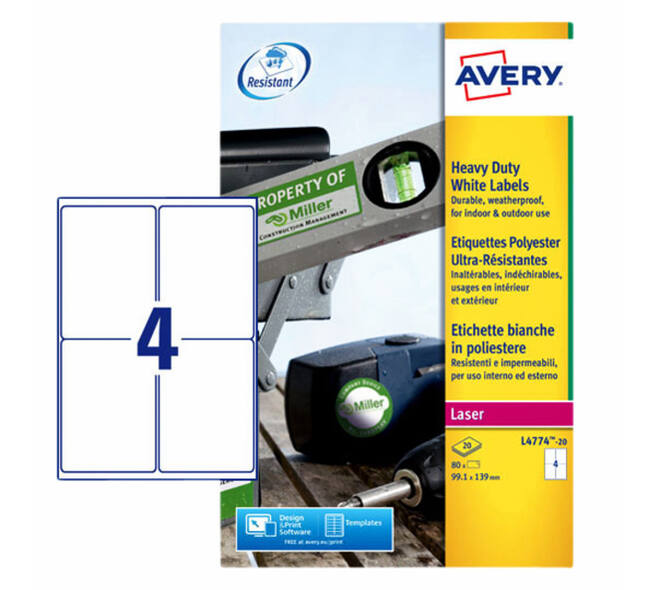 Etiket Avery L4774-20 99.1x139mm polyester wit 80 stuks