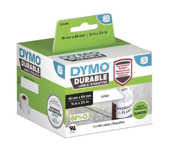 Etiket Dymo LabelWriter industrieel 19x64mm 2 rollen á 450 stuks wit