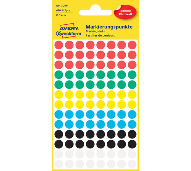 Etiket Avery 3090 rond 8mm assorti 416 stuks