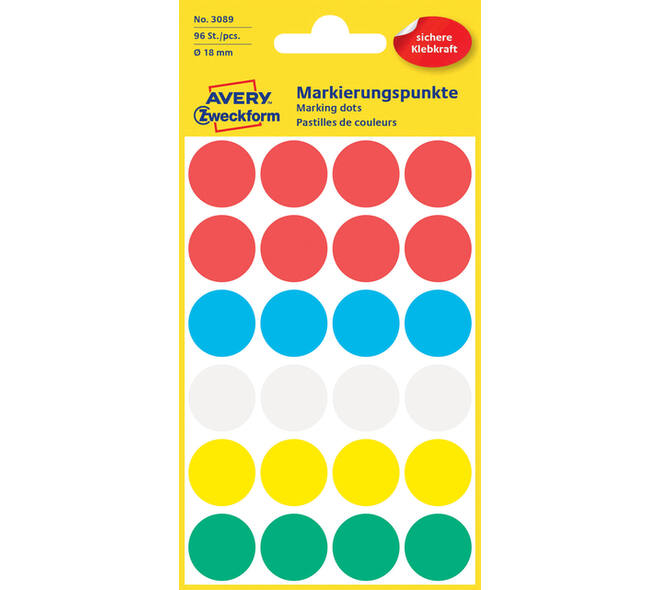 Etiket Avery 3089 rond 18mm assorti 96 stuks