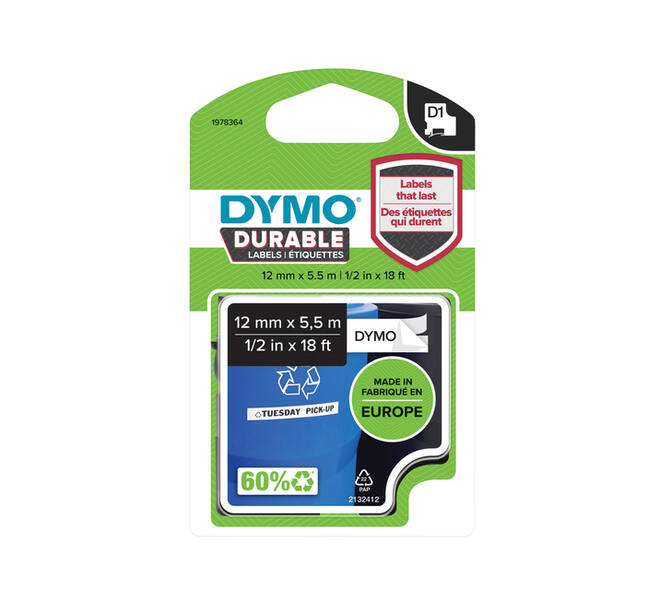 Labeltape Dymo LabelManager D1 polyester 12mm duurzaam zwart op wit