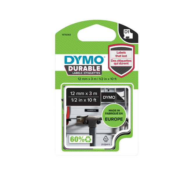 Labeltape Dymo LabelManager D1 polyester 12mm wit op zwart