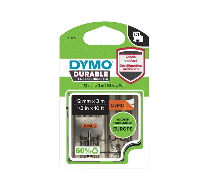 Labeltape Dymo LabelManager D1 polyester 12mm zwart op oranje