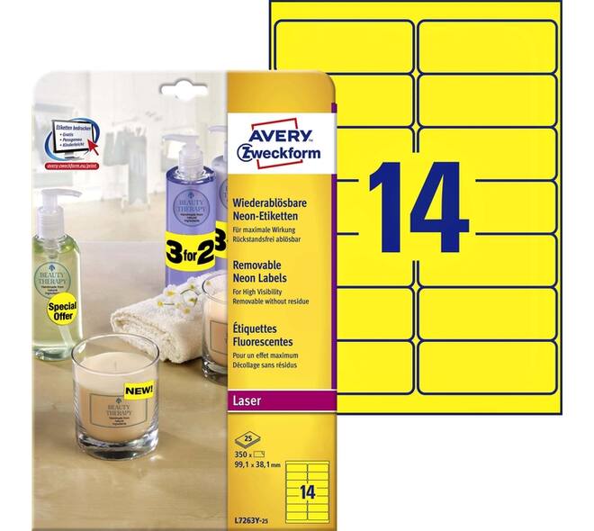 Etiket Avery L7263Y-100 99.1x38.1mm neon geel 1400 stuks