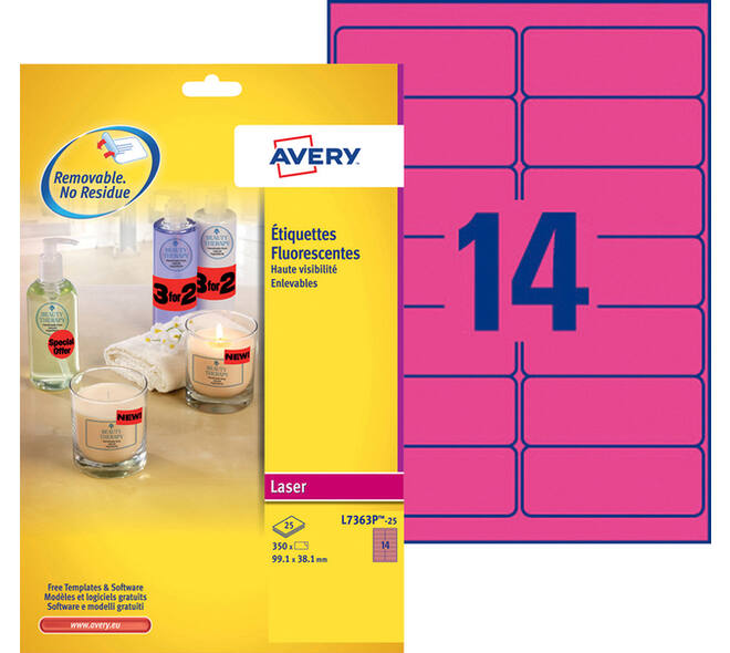 Etiket Avery L7363P-25 99.1x38.1mm neon roze 340 stuks
