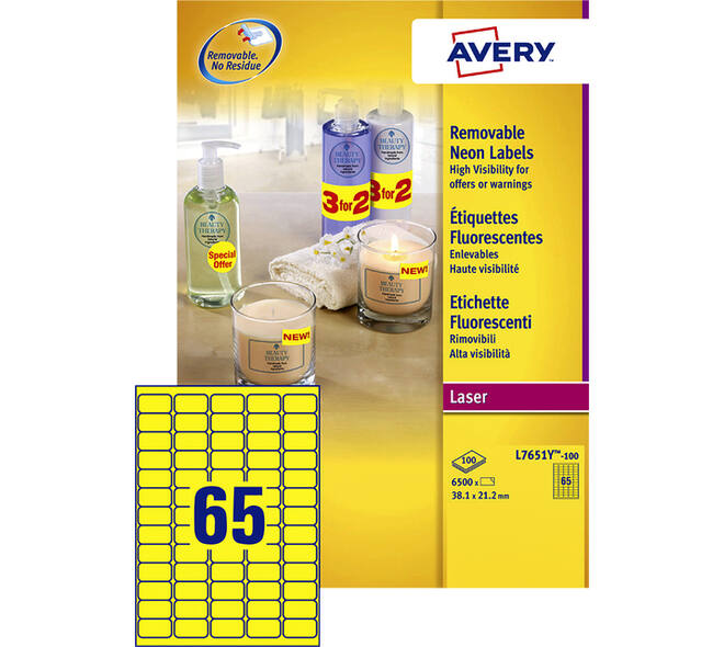 Etiket Avery L7651Y-100 38.1x21.2mm neon geel 6500 stuks