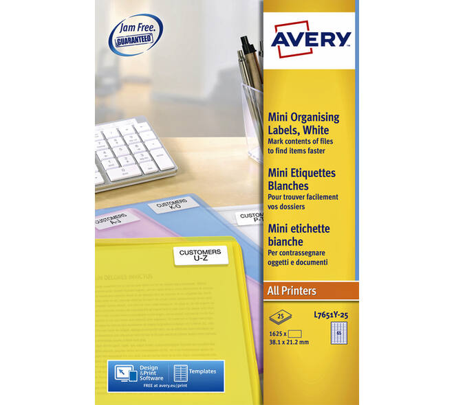 Etiket Avery L7651Y-25 38.1x21.2mm neon geel 1625 stuks