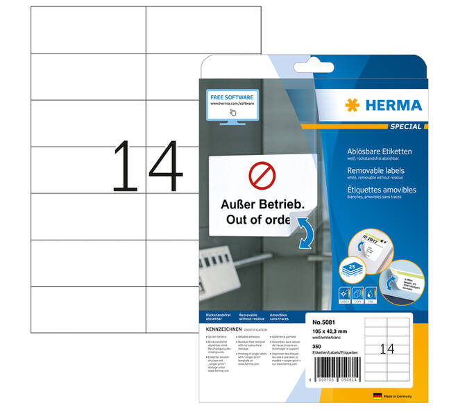 Etiket HERMA 5081 105x42.3mm verwijderbaar wit 350 stuks
