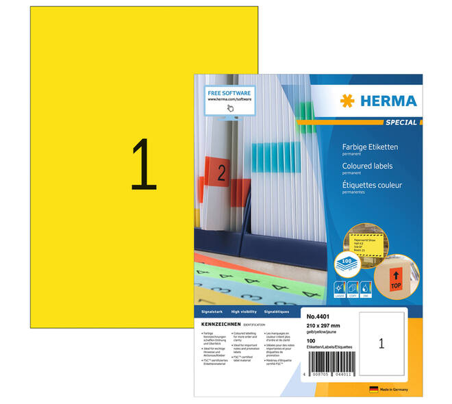 Etiket HERMA 4401 210x297mm A4 geel 100 stuks