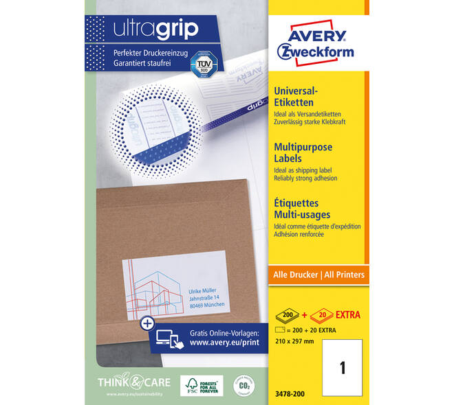 Etiket Avery 3478-200 210x297mm A4 wit 200 stuks