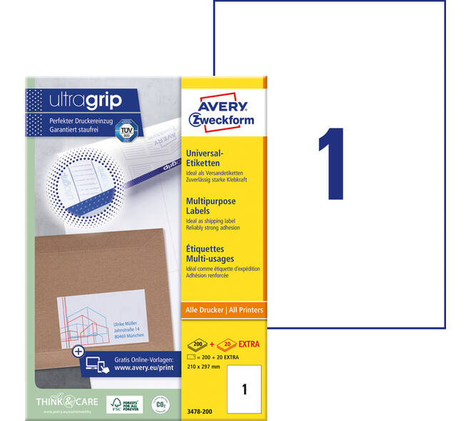 Etiket Avery 3478-200 210x297mm A4 wit 200 stuks