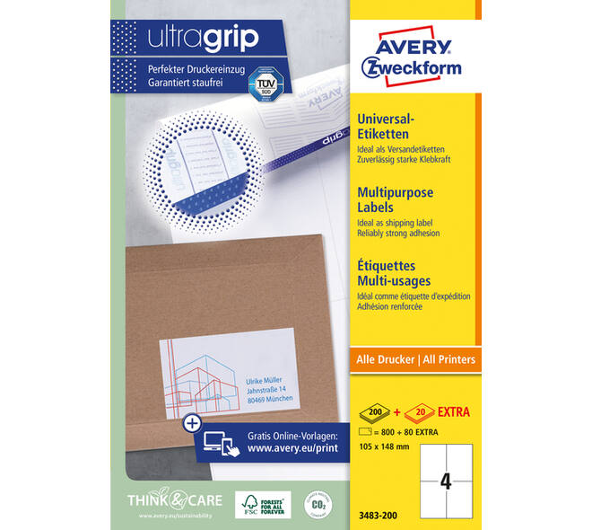 Etiket Avery 3483-200 105x148mm A6 wit 800 stuks
