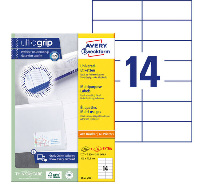 Etiket Avery 3653-200 105x42.3mm wit 2800 stuks