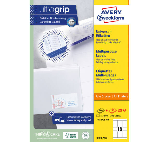 Etiket Avery 3669-200 70x50.8mm wit 3000 stuks