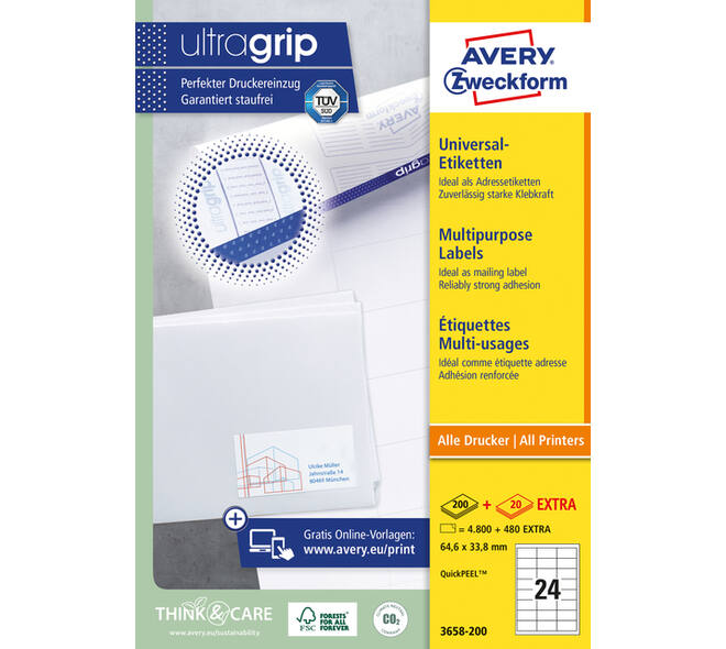 Etiket Avery 3658 64.6x33.8mm wit 4800 stuks