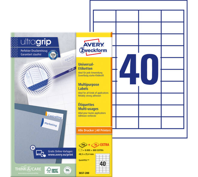 Etiket Avery 3657-200 48.5x25.4mm wit 8000 stuks