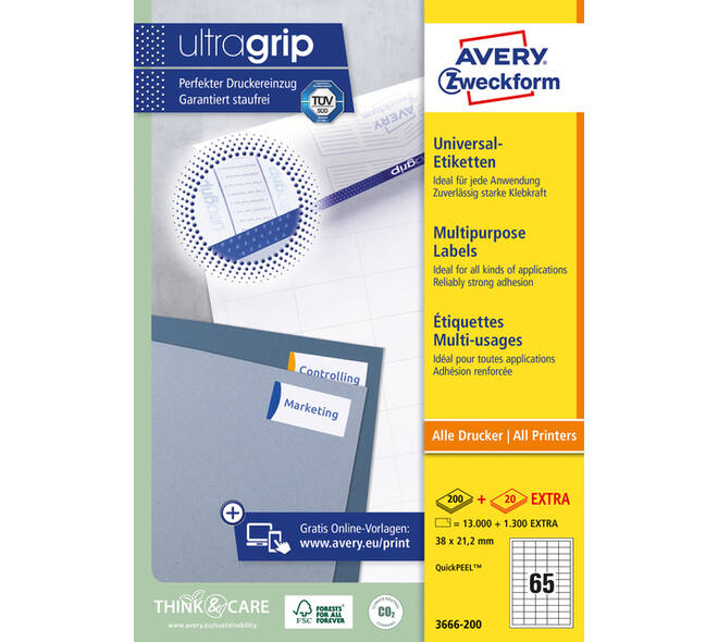 Etiket Avery 3666-200 38x21.2mm wit 13000 stuks