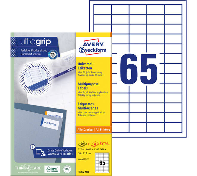 Etiket Avery 3666-200 38x21.2mm wit 13000 stuks