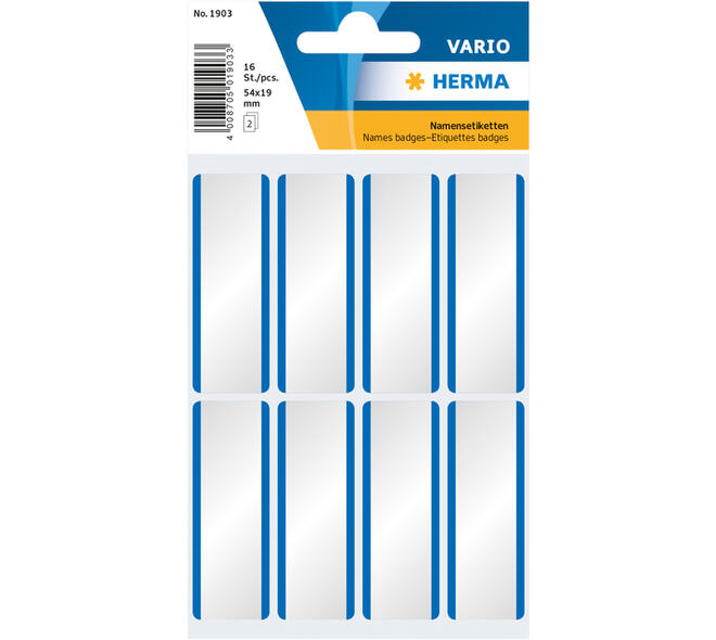 Naambadge etiket HERMA 1903 54x19mm wit/blauw 16 stuks