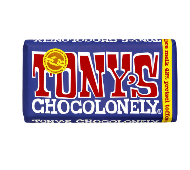 Chocolade Tony's Chocolonely donker melk pretzel toffee reep 180gr