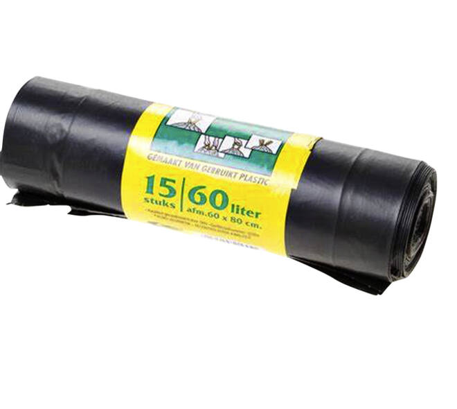 Vuilniszak Komo 60 liter met trekband zwart rol à 15 stuks