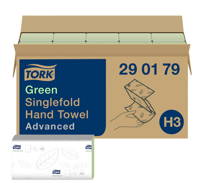 Handdoek Tork H3 Advanced singlefold 2-laags 248x230mm 15x250 vel groen 290179