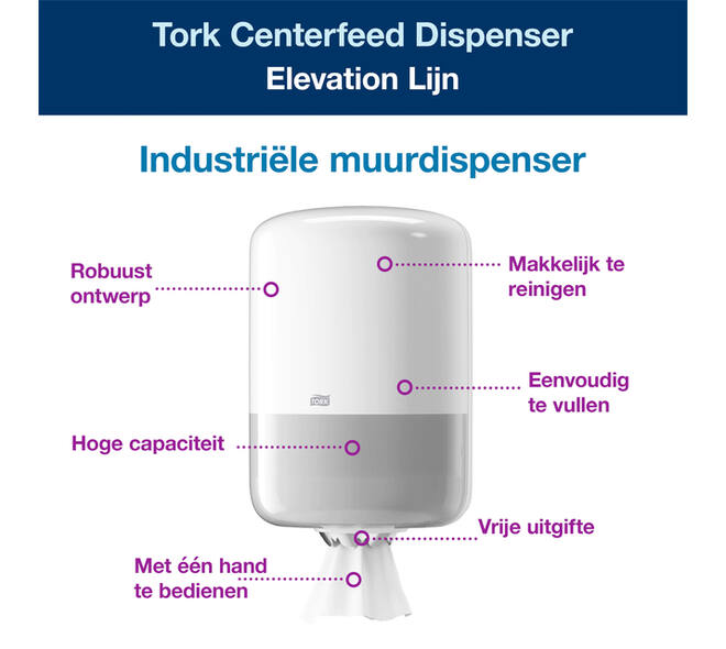 Poetspapierdispenser Tork M2 Elevation wit 559000