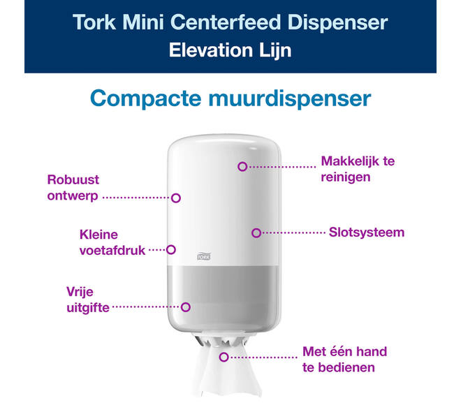 Poetspapierdispenser Tork M1 Elevation klein wit 558000