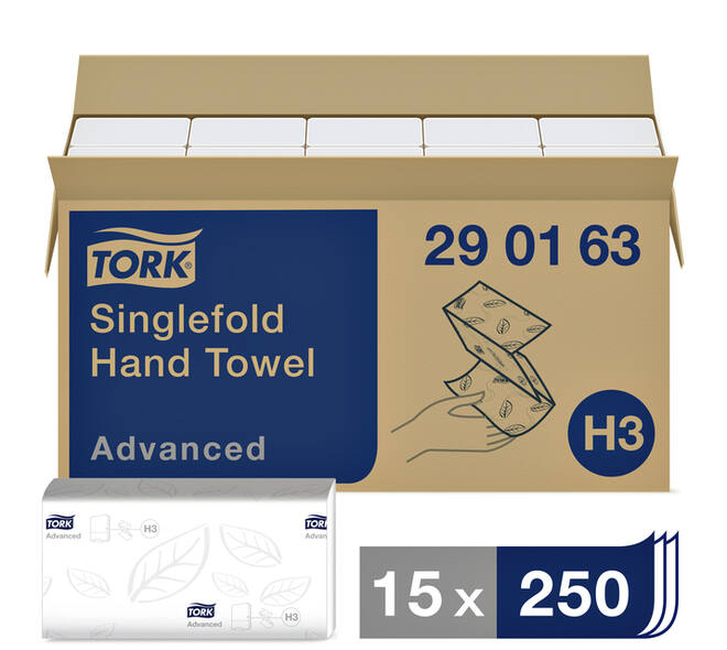Handdoek Tork H3 Advanced singlefold 2-laags 248x230mm 15x250 vel wit 290163