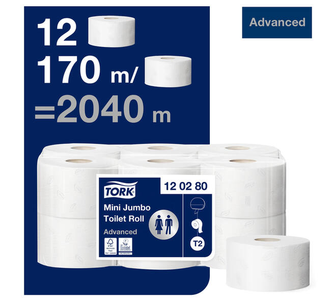 Toiletpapier Tork T2 Advanced jumbo klein 2-laags 170m wit 120280