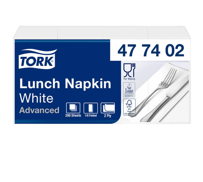 Lunchservet Tork Advanced 1/8 vouw 2-laags 328x325mm 200 vel wit 477402