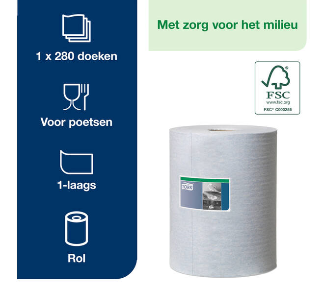 Reinigingsdoek Tork W1-W2-W3 Premium Heavy-Duty 1-laags 280 vel blauw 530237