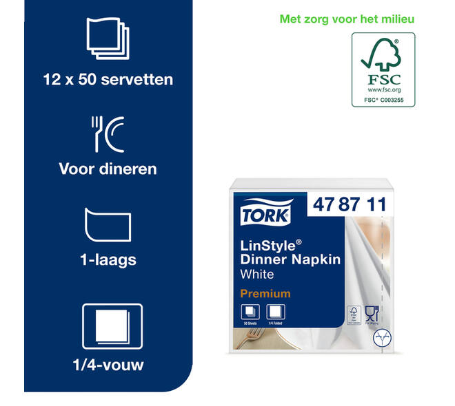 Dinerservet Tork Linstyle Premium 1/4 vouw 1-laags 390x390mm 50 vel wit 478722